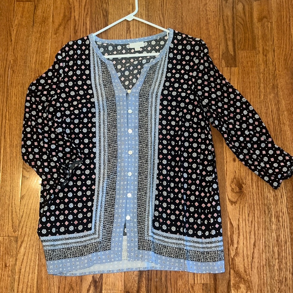 J. Jill Black & Blue Patterned Button Down Blouse Quarter Sleeve Women’s Size M